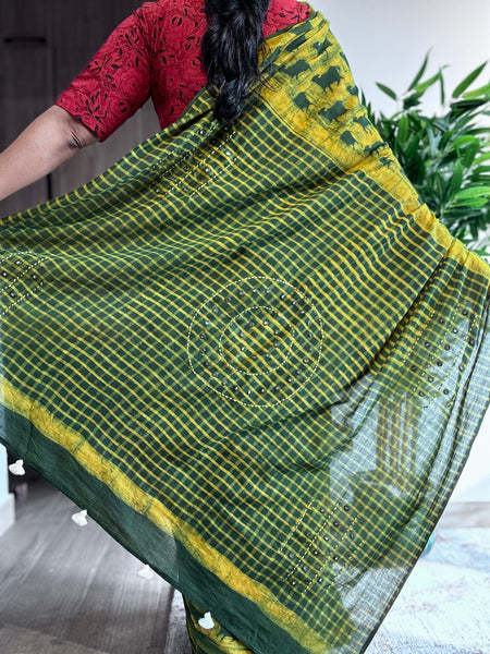 Embroidered pallu hand block printed cotton saree