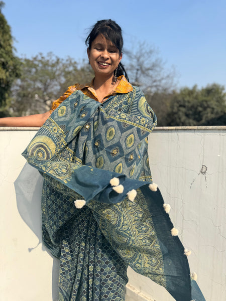 Desert Geometry- Ajrakh Hand Embroidered Cotton Saree - Naturally Dyed - Teal Green