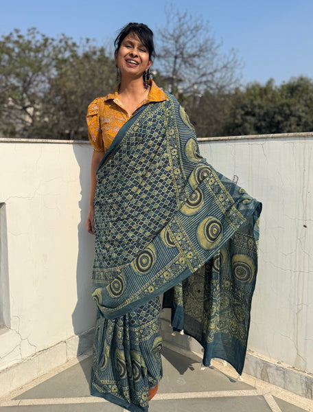 Desert Geometry- Ajrakh Hand Embroidered Cotton Saree - Naturally Dyed - Teal Green