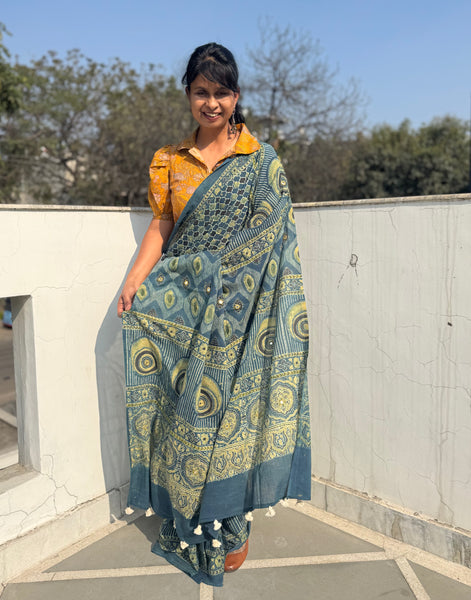Desert Geometry- Ajrakh Hand Embroidered Cotton Saree - Naturally Dyed - Teal Green