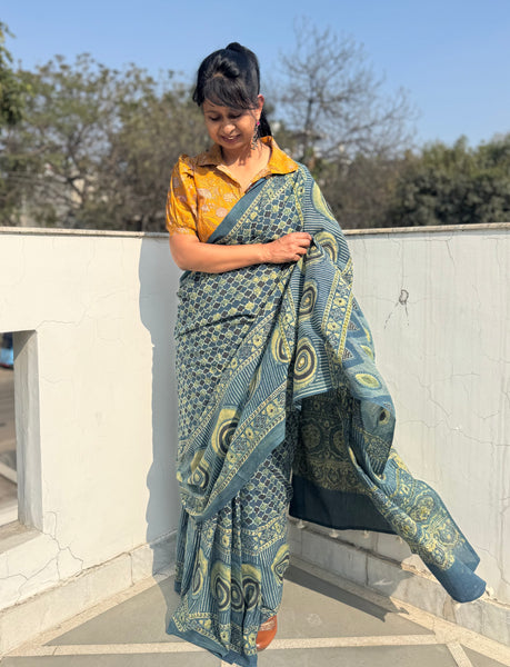 Desert Geometry- Ajrakh Hand Embroidered Cotton Saree - Naturally Dyed - Teal Green