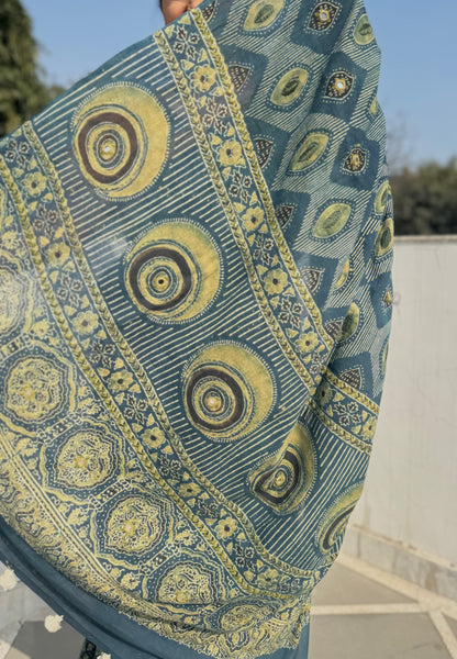 Desert Geometry- Ajrakh Hand Embroidered Cotton Saree - Naturally Dyed - Teal Green