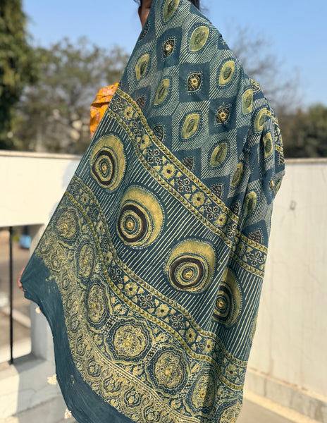 Desert Geometry- Ajrakh Hand Embroidered Cotton Saree - Naturally Dyed - Teal Green