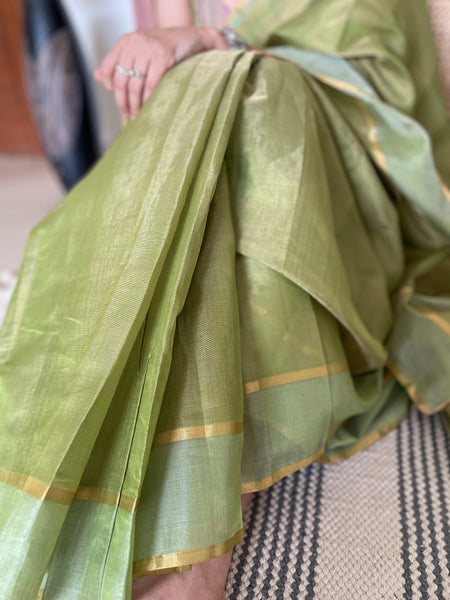 Pista green- Tissue Chanderi Handwoven Saree - Heavy Zari Checks Pallu