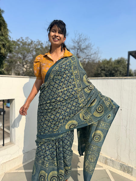 Desert Geometry- Ajrakh Hand Embroidered Cotton Saree - Naturally Dyed - Teal Green
