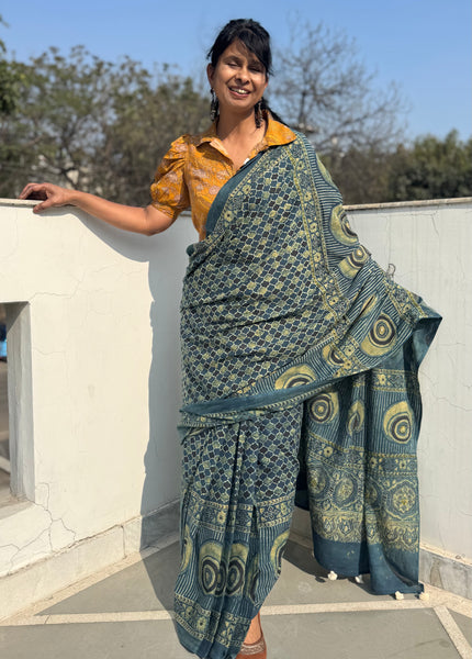 Desert Geometry- Ajrakh Hand Embroidered Cotton Saree - Naturally Dyed - Teal Green