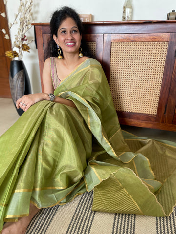 Pista green- Tissue Chanderi Handwoven Saree - Heavy Zari Checks Pallu