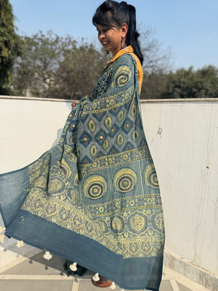 Desert Geometry- Ajrakh Hand Embroidered Cotton Saree - Naturally Dyed - Teal Green