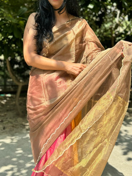 Tissue Chanderi Handwoven Saree with scalloped edges