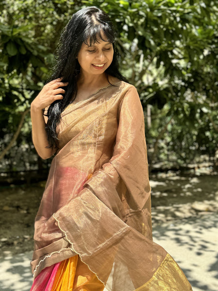 Tissue Chanderi Handwoven Saree with scalloped edges