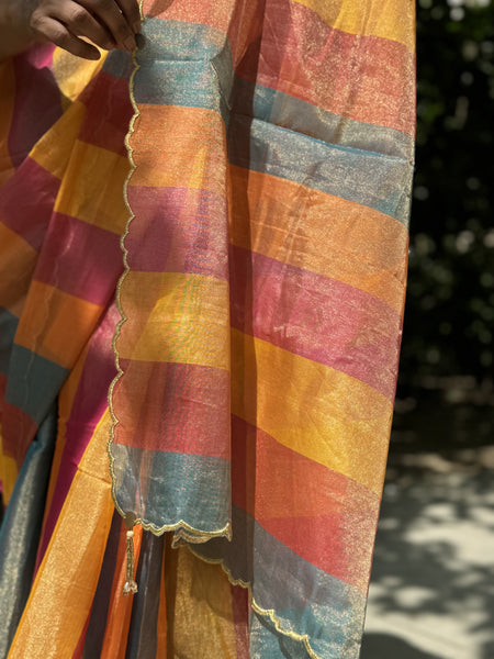 Tissue Chanderi Handwoven Saree with scalloped edges