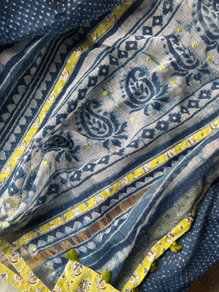 Best Seller Indigo -Embroidered pallu & patchwork border- kota doria sare