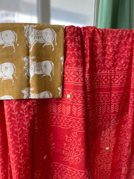 Embroidered Pallu, Mul cotton hand block printed saree