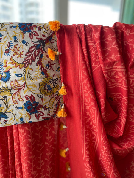 Embroidered Pallu, Mul cotton hand block printed saree