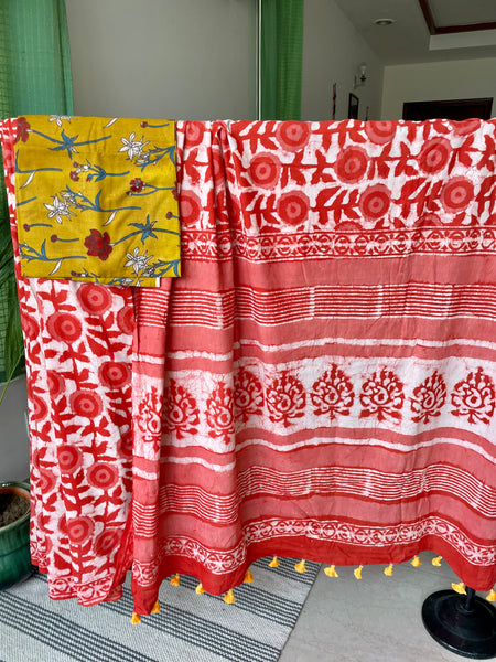 Mul cotton hand block printed saree