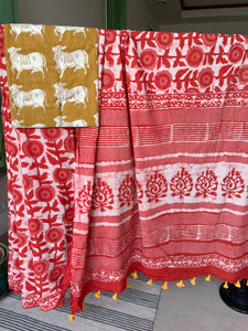 Mul cotton hand block printed saree