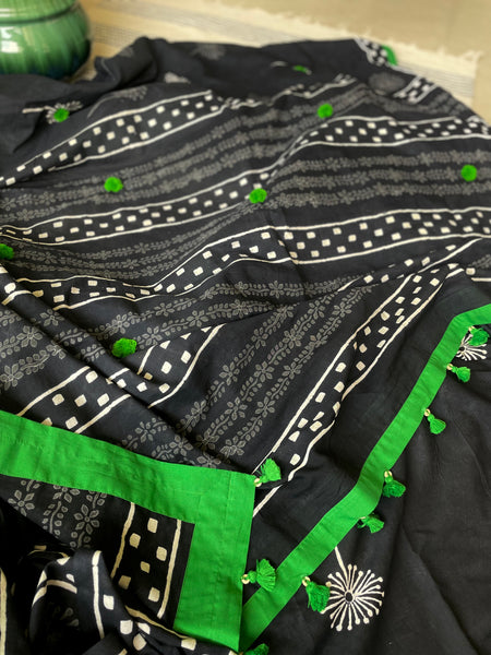 Dabu Mul cotton hand block printed saree with Green fabric facing and embroidery