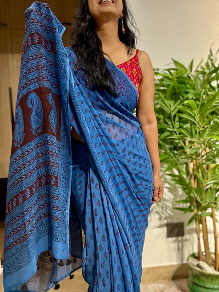 Bagh Naturally Dyed Georgette Saree - Blue