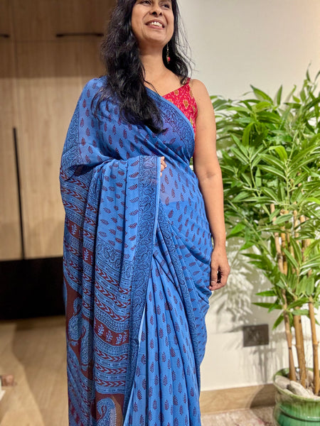Bagh Naturally Dyed Georgette Saree - Blue