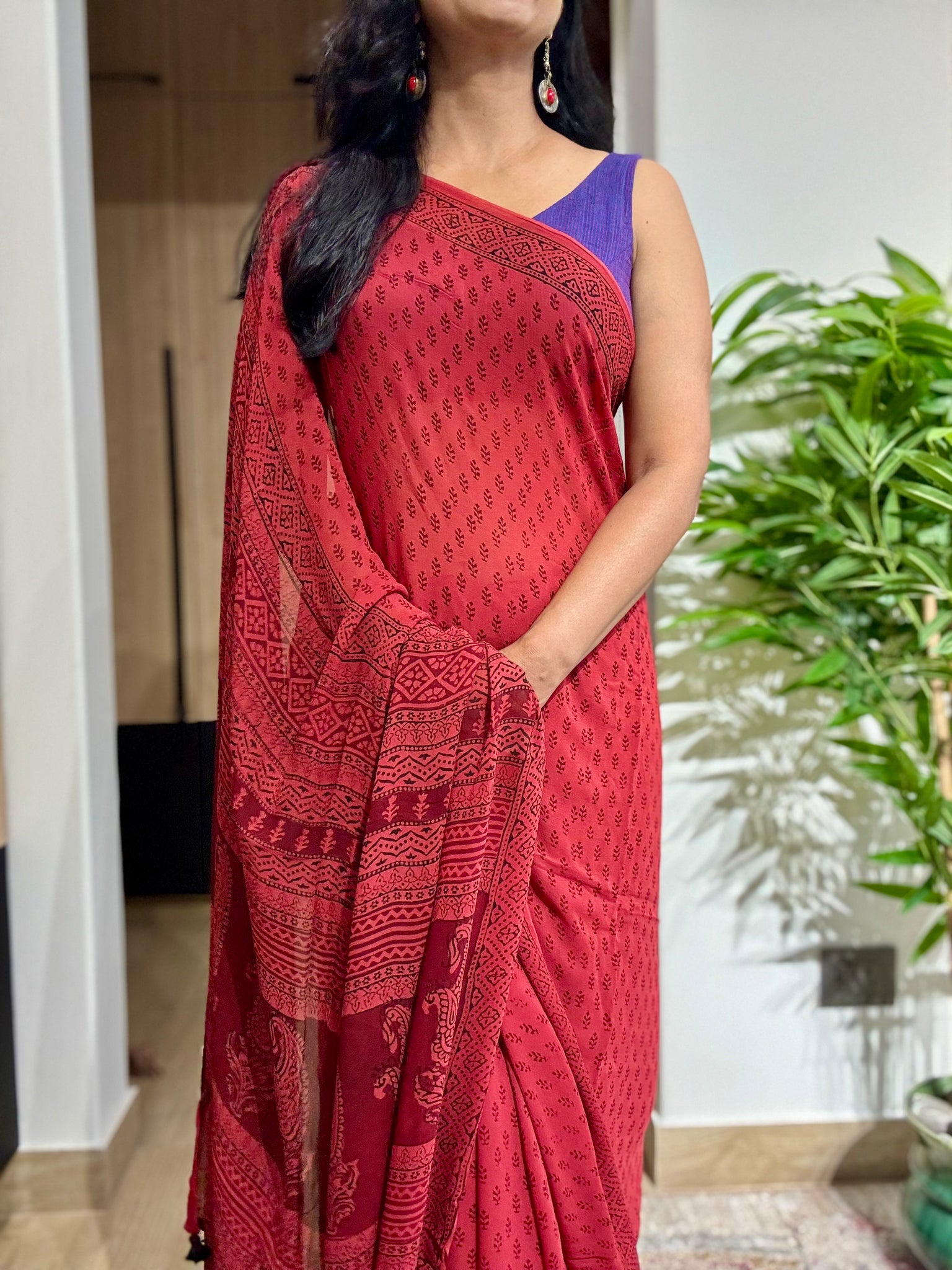 Bagh Naturally Dyed Georgette Saree - Red