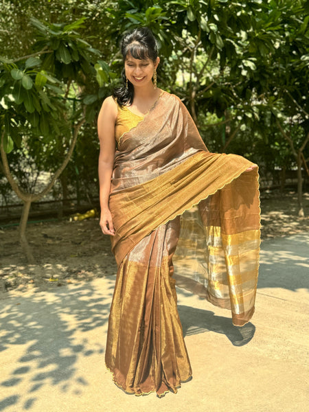 Tissue Chanderi handwoven Saree with zari scalloping