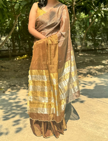 Tissue Chanderi handwoven Saree with zari scalloping