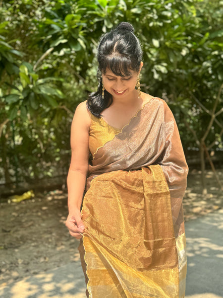 Tissue Chanderi handwoven Saree with zari scalloping