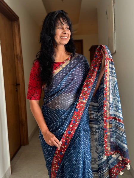 Best Seller Indigo -Embroidered pallu & patchwork border- kota doria saree