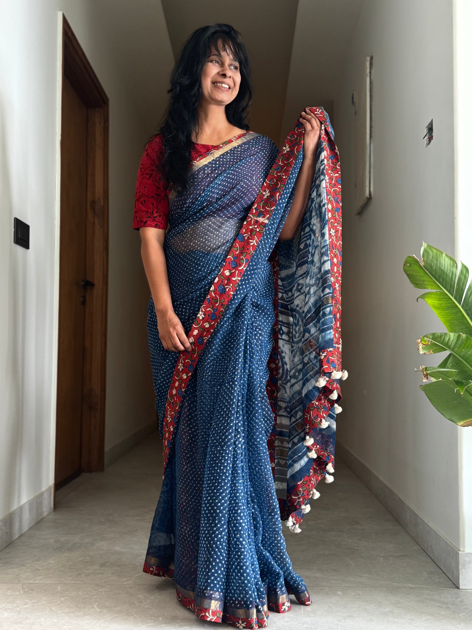 Best Seller Indigo -Embroidered pallu & patchwork border- kota doria saree