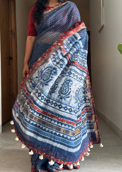 Best Seller Indigo -Embroidered pallu & patchwork border- kota doria saree