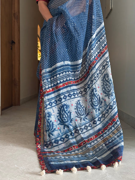 Best Seller Indigo -Embroidered pallu & patchwork border- kota doria saree