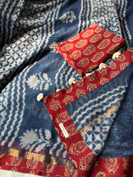BEST SELLER -Embroidered  kota doria cotton saree with patchwork border