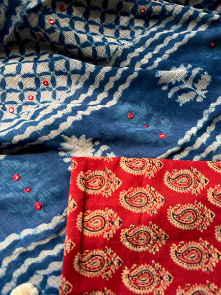 BEST SELLER -Embroidered  kota doria cotton saree with patchwork border