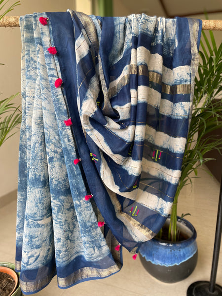 Embroidered Maheshwari Block printed Cotton Silk Saree