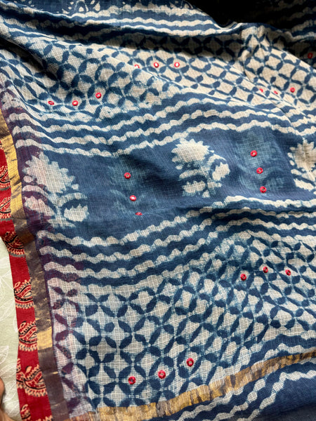 BEST SELLER -Embroidered  kota doria cotton saree with patchwork border