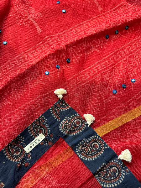Embroidered pallu & patchwork border- kota doria saree