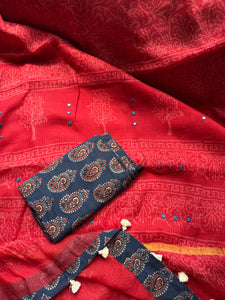 Embroidered pallu & patchwork border- kota doria saree