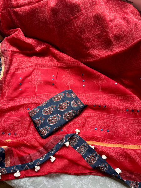 Embroidered pallu & patchwork border- kota doria saree