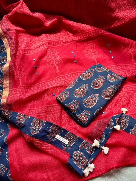 Embroidered pallu & patchwork border- kota doria saree