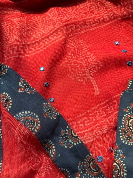 Embroidered pallu & patchwork border- kota doria saree