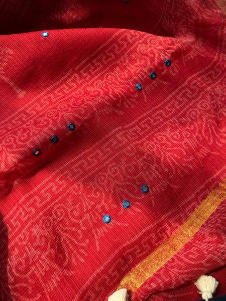 Embroidered pallu & patchwork border- kota doria saree