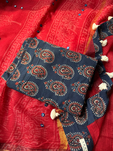 Embroidered pallu & patchwork border- kota doria saree