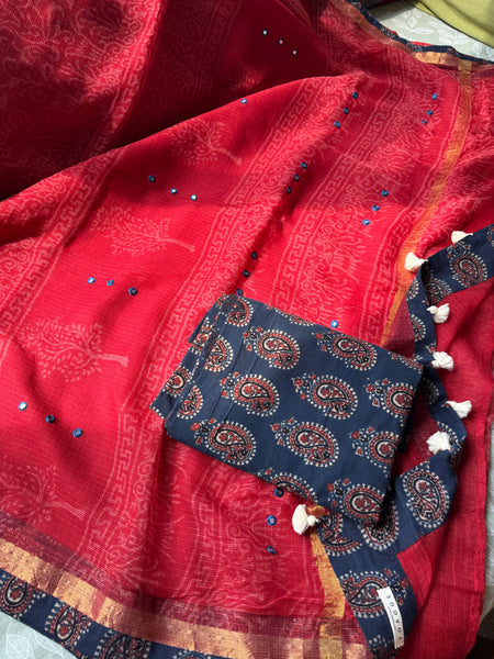 Embroidered pallu & patchwork border- kota doria saree