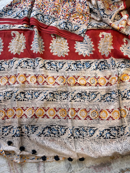 Bangalore Silk - Kalamkari hand block Printed Saree- Red