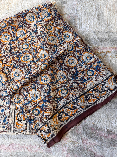 Bangalore Silk - Kalamkari hand block Printed Saree- Dark Brown