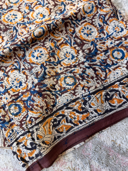 Bangalore Silk - Kalamkari hand block Printed Saree- Dark Brown