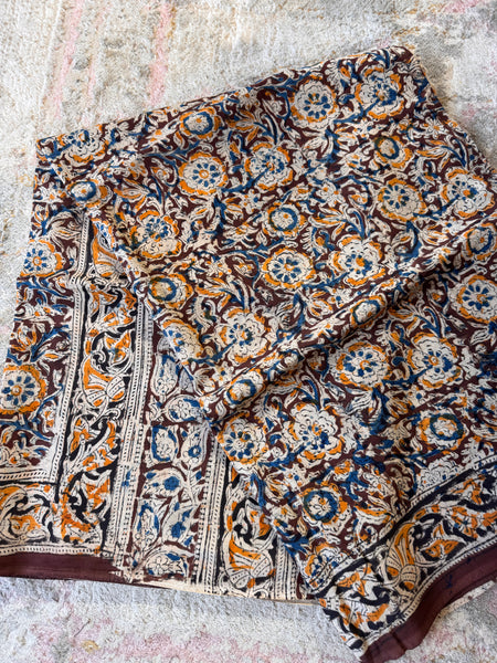 Bangalore Silk - Kalamkari hand block Printed Saree- Dark Brown