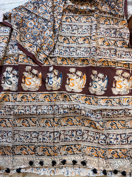 Bangalore Silk - Kalamkari hand block Printed Saree- Dark Brown