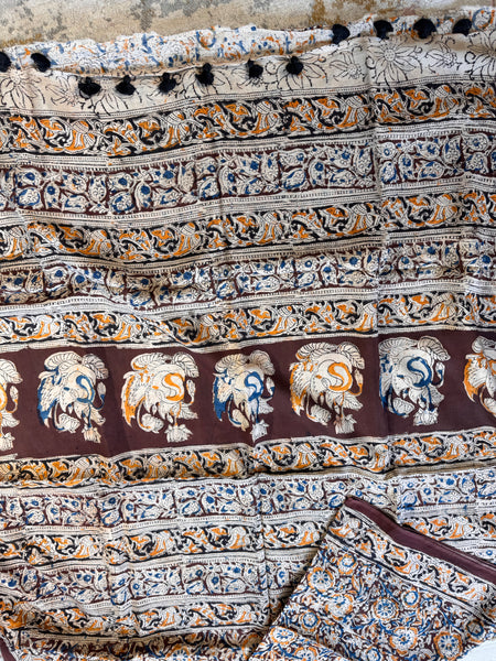 Bangalore Silk - Kalamkari hand block Printed Saree- Dark Brown