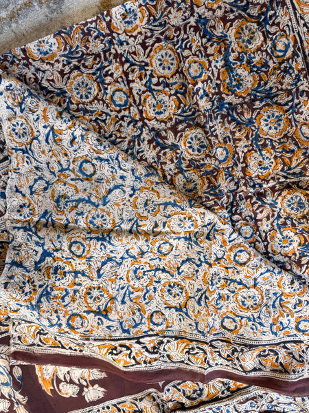 Bangalore Silk - Kalamkari hand block Printed Saree- Dark Brown